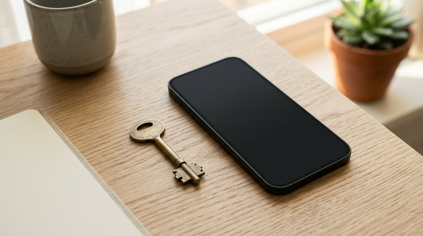 窓辺の木の机に置かれた、画面の消えた黒いスマートフォンと真鍮の鍵。奥にマグカップと鉢植え
